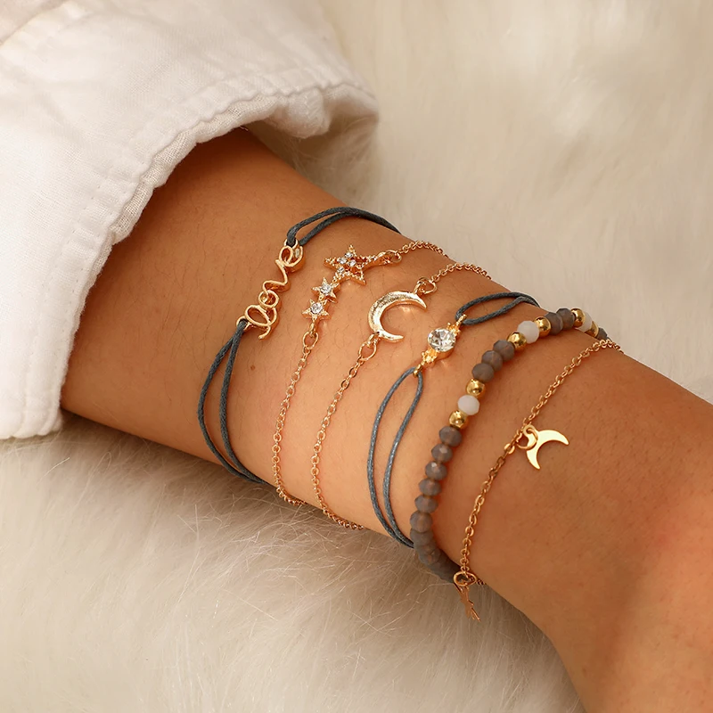 Bohemian Star Moon Crystal Layered Bracelet Set Women Girl Metal Rope Adjustable Bracelet Jewelry