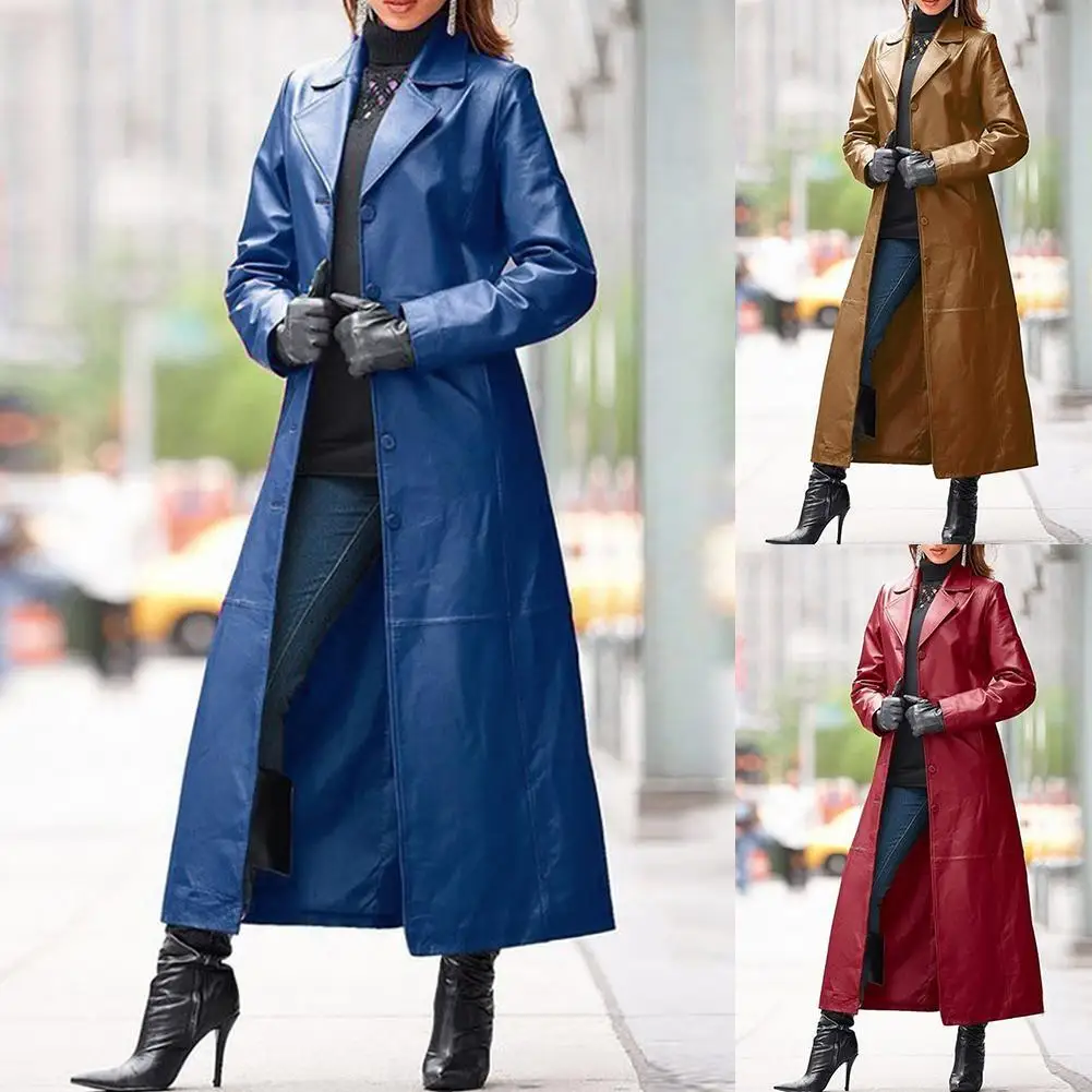 Womens Faux Leather Blazer Lapel Collar Coat Slim Fit Jacket Mid Length Trench 