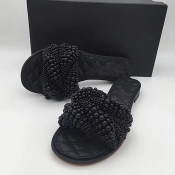 

Shoes For Women Brand Designer Leather Flat Sandals 2020 Summer Rhinestone Party Slippers Fashion Luxury Comfortable Black Shoes