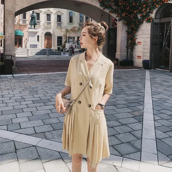 

2020 Women Summer Short Sleeve Vintage Double Breasted Splice Pleated Loose Casual Suit Dress Office Lady Elegant Dresses 2013