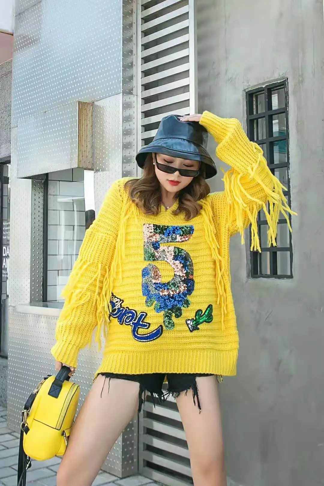 Yellow Sequined Tassel Knitting Pullovers Female V Neck Long Sleeve Casual Autumn Sweaters For Women Fashion Harajuku SA118S30