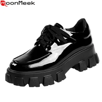 

MoonMeek 2020 New Brand genuine leather women pumps thick heels round toe lace up casual shoes genuine leather shoes woman