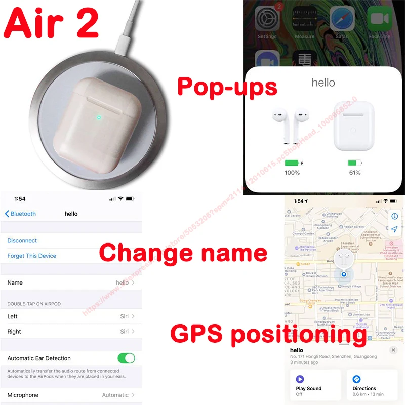 

AiPods with GPS & Change name H1 chip generation 2 wireless charging bluetooth headphones earbuds headphones Compatible iOS13