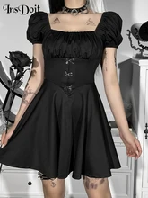 

InsDoit Gothic Clothes Black Corset Dress Women Short Sleeve Summer Sexy Aesthetic A Line Dresses Elegant Partywear Mini Dresses