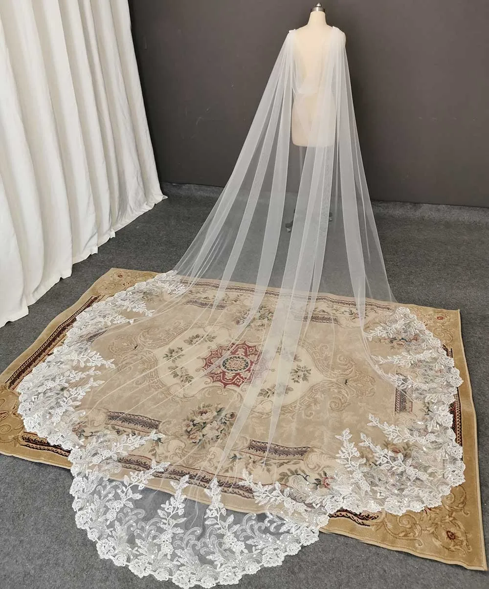 Customized Bling Sequins Lace Long Wedding Cape Scallop Real Photos 3.5 Meters Shoulder Veil New Bridal Bolero Bride Accessories