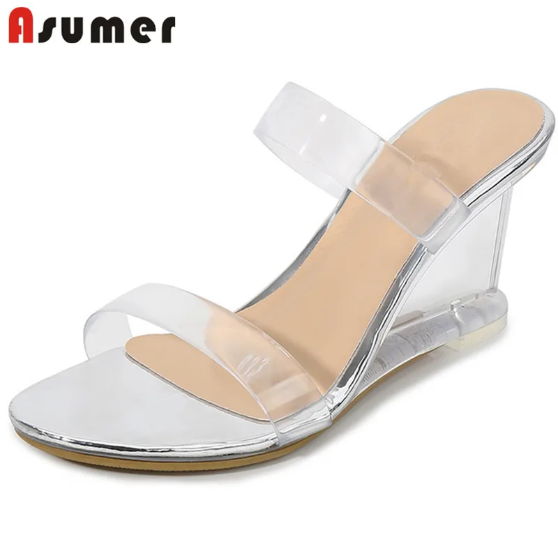 ASUMER/ г., Новое поступление, женские босоножки ПРОСТАЯ ПРОЗРАЧНАЯ Летняя обувь пляжные вечерние и свадебные туфли модные женские босоножки на танкетке