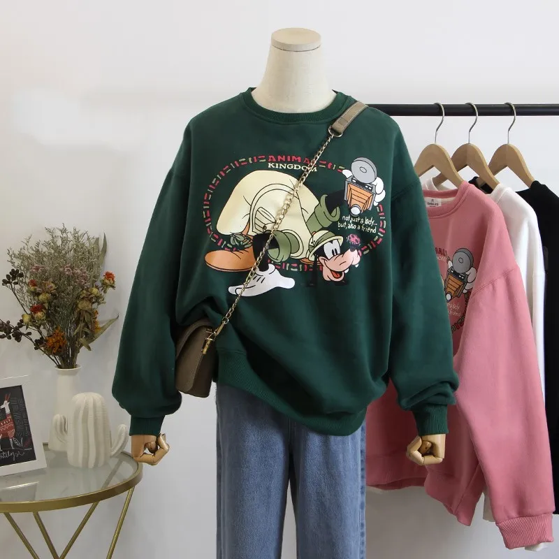 Милый мультяшный хлопковый свитер для женщин, длинный рукав, круглый воротник, зимняя флисовая толстовка с капюшоном, пальто kawaii, повседневный Толстый Пуловер, верхняя одежда - Цвет: Темно-зеленый
