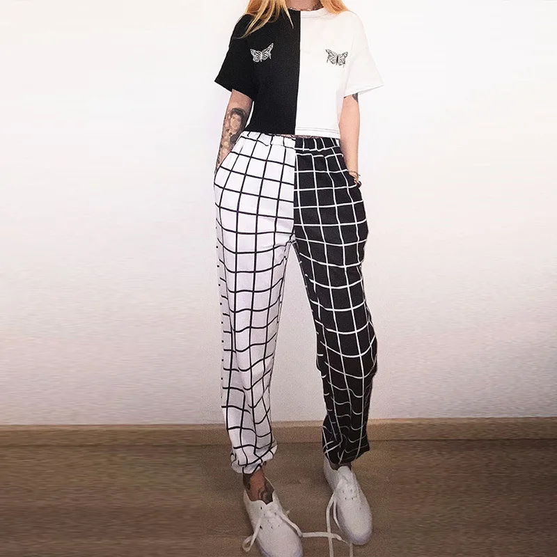 Autumn Women Pants Fashion Streetwear Black and White Plaid Print Loose Elastics Waist Harem Pants Autumn Women Pants Fashion Streetwear Black and White Plaid Print Loose Elastics Waist Harem Pants