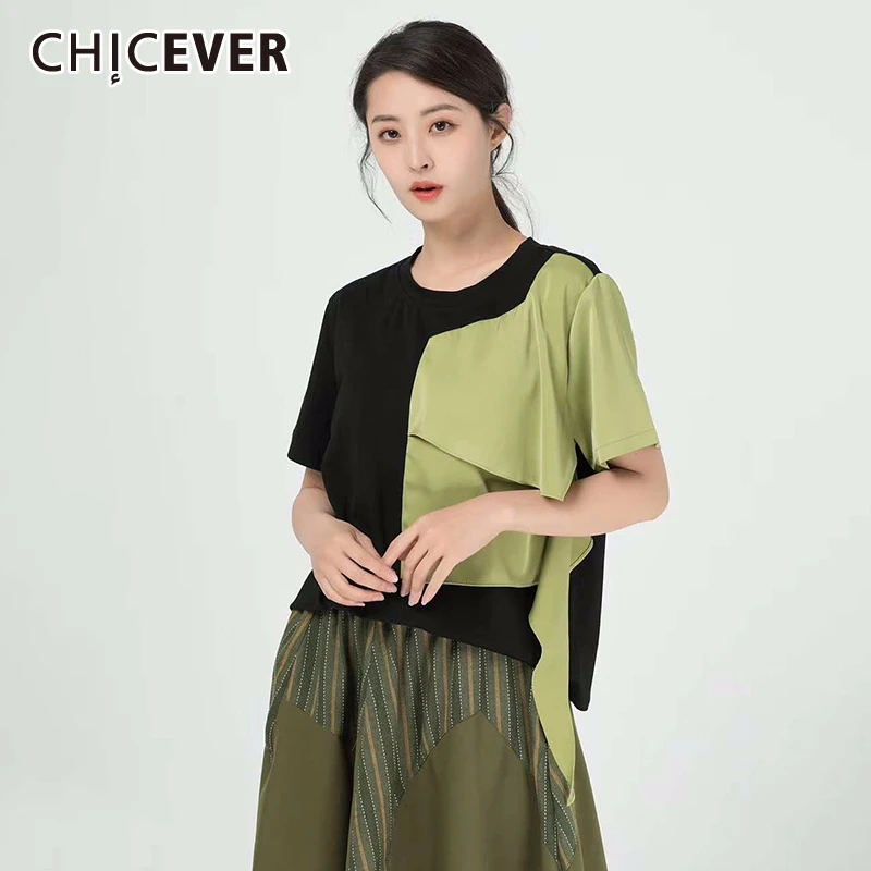 

CHICEVER Patchwork Hit Color Women's T-shirt , Short Sleeve O Neck Loose Oversized Casual Midi Female Shirts 2020 Summer Fashion