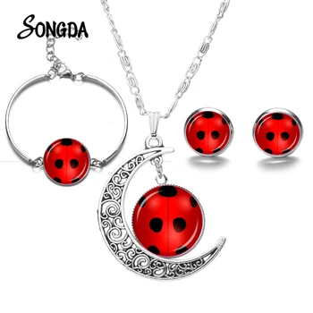 

Cute Lovely Jewelry Sets Red Insect Art Photo Glass Dome Crescent Necklace Bracelet Earring Set Children's Gift