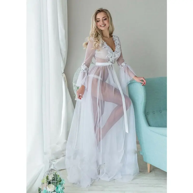 

Sexy Dress Womens Sexy Mesh Sheer Lingerie Lace V-Neck Sleepwear Babydoll See Through Ladies Long Sleeve Floral Long Dress White