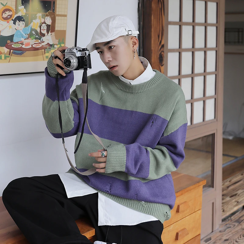UYUK2019 Autumn Loose Casual Trend Knit Stitching Striped Round Neck Pullover Sweater Clothes Men Hombre Homme