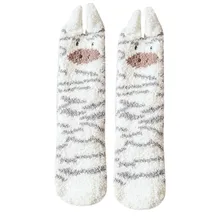 Женские носки из кораллового флиса в полоску с животными теплые носки до щиколотки мягкие домашние носки для девочек, теплые носки для зимы