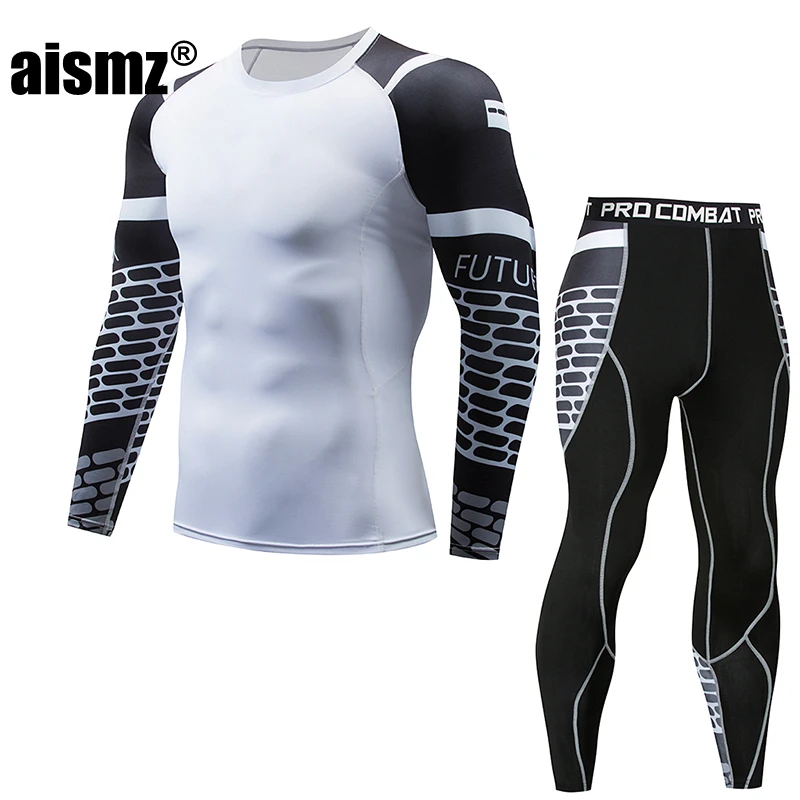 Aismz Тактический ММА rashguard с длинными рукавами Для мужчин фитнес комплект компрессионный спортивный костюм комплект детской одежды Для мужчин moleton Masculino, комплект из 2 предметов - Цвет: AZ2006B