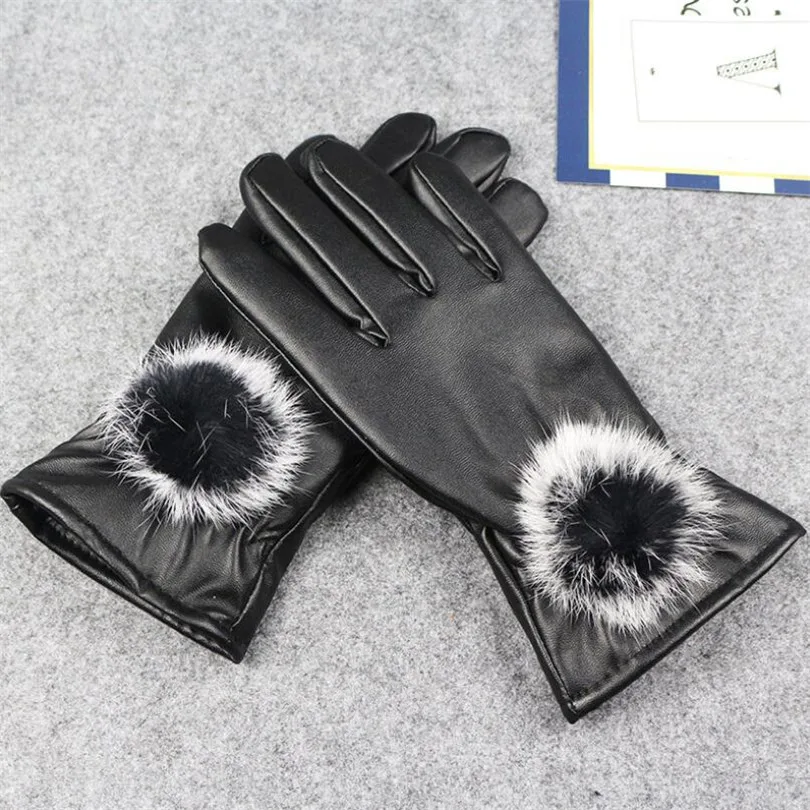 VIIANLES Модные женские варежки теплые толстые зимние перчатки кожаные элегантные брендовые варежки свободный размер с кроличьим мехом