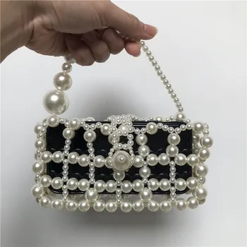 

Hollow Out Pearl Ball Evening Bag Women 2020 Korean Handmade Metallic Ring Handle Ladies Beaded evening Clutch Bag Purses