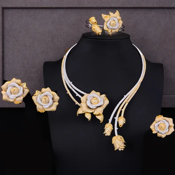 

Rose Flower Charms Wedding jewelry Sets Making Statement Flower Necklace Earrings Bangle Ring Jewelry Sets For Women Accessories