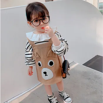 

2020 new spring item girl cute suit bear design including suspender dress+stripe top 2pcs per set