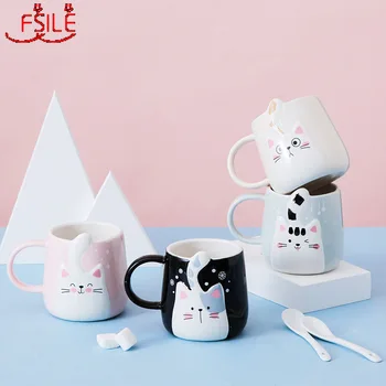 

FSILE Modern Simple Personality Couple Ceramic Mug Creative Cute Cat with Handle Coffee Cup Cartoon Home Office Water Cup