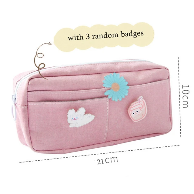 Kawaii Purple Canvas Pencil Case Cute Animal Badge Pink Pencilcases Large School Pencil Bags for Maiden Girl Stationery Supplies Maiden-Pink