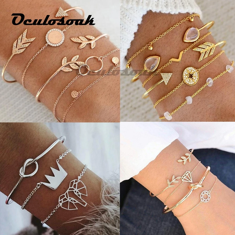 браслет 5PCS/set Bohemian Compass Charm Bracelets For Women Girls Pink Crystal Gold Color Chain Sets Jewelry Gifts | Украшения и
