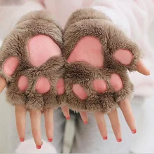 

NEW2022 2021 Women Lovely Cartoon Fluffy Bear Cat Claw Paw Mittens Winter Female Half Finger Plush Gloves Ladies Fingerless