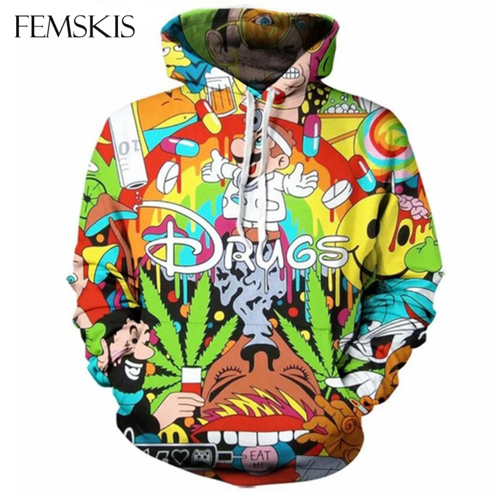 

FEMSKIS Autumn Men Women 3D Hoodies Cartoon Super Mario Drugs 3D Print Hoodie Sweatshirt Funny Casual Pullovers Long Sleeve