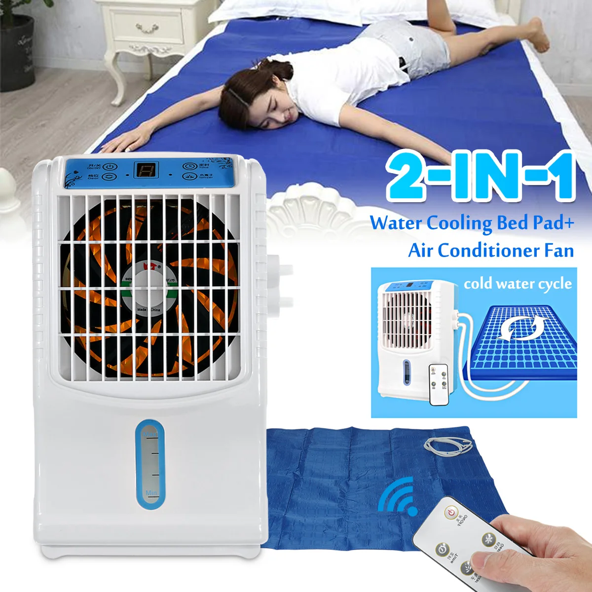 

2-in-1 Water Cooling Circulation Portable Bed Pad + 5 Stalls Air Conditioner Fan Negative Ion No Noise Electric Fan