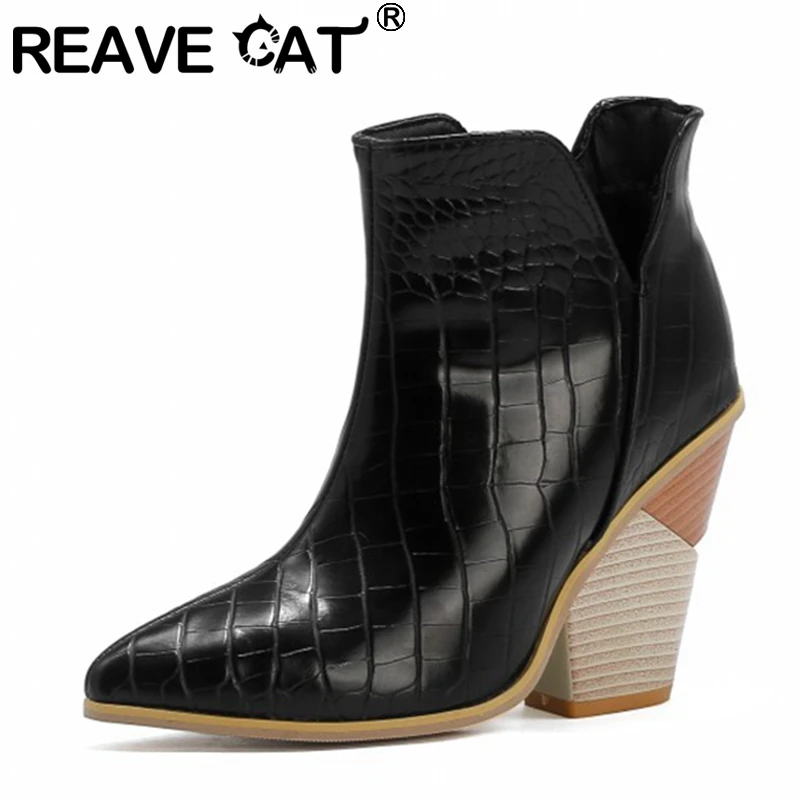 

REAVE CAT 2021 Lady Novelty Boots Alligator Texture Pointed Toe Slip On 10CM Strange Block Heel US16 17 Black Yellow Blue A4429