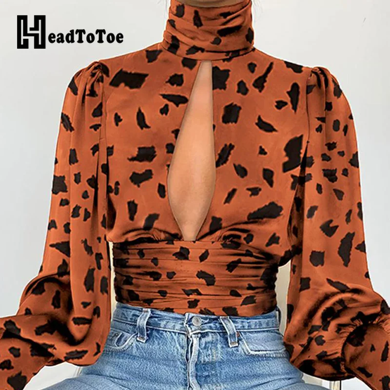 Леопардовая блузка с вырезами на груди, облегающая Талия, женские повседневные топы с длинным рукавом, рабочая одежда