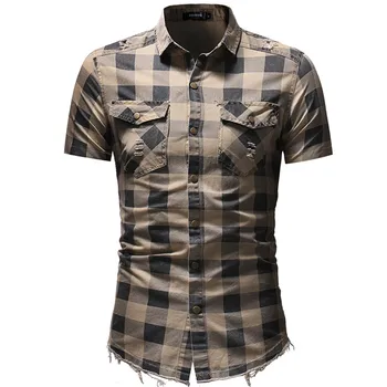 

2020 Summer Fashion New Men's Casual Boutique Cotton Denim Shirt / Men's Slim Short Sleeve Denim Cowboy Plaid Shirt