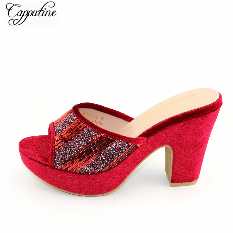 

Fashion Red African Women High Heel Shoes Nigerian Ladies Pumps Platform Slippers With Sequins Pantuflas Mujer CFS16 10.5CM