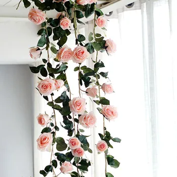 

180cm Artificial Rose Flower Vine Wedding Decorative Real Touch Silk Flowers With Green Leaves for Home Hanging Garland Decor