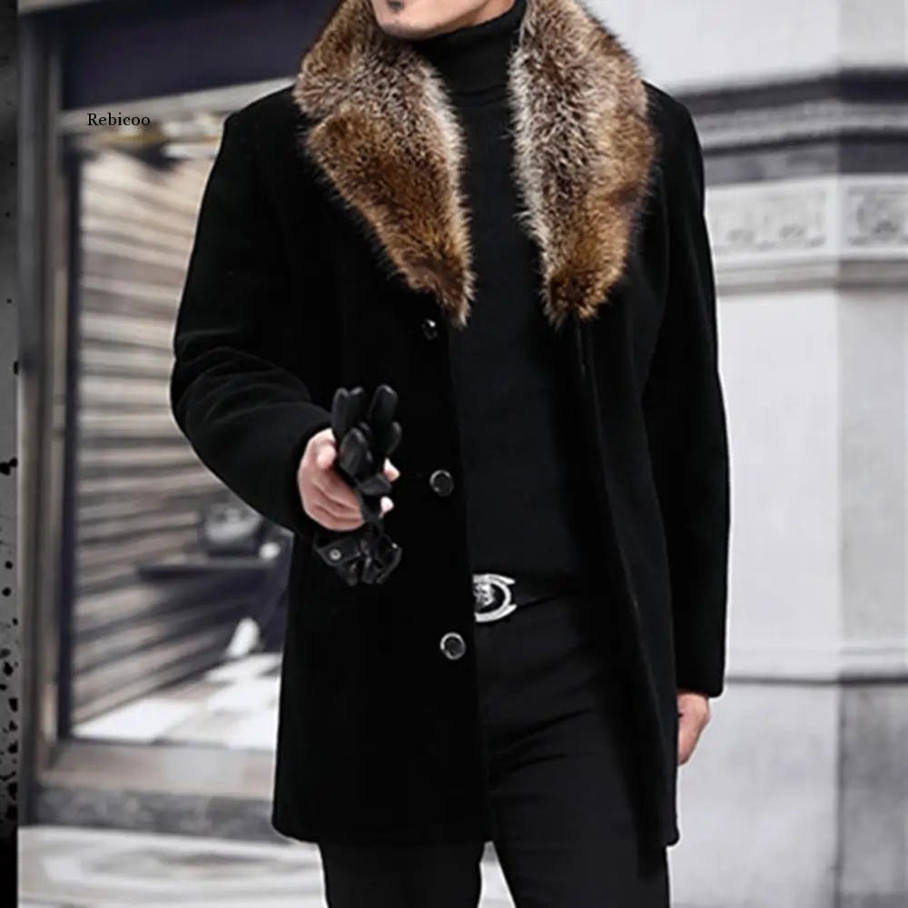 New Winter Men's Long Woolen Coat Fur Collar Warm Autumn Overcoat Male Solid Slim Casual Windbreaker Jacket Outerwear Top Black