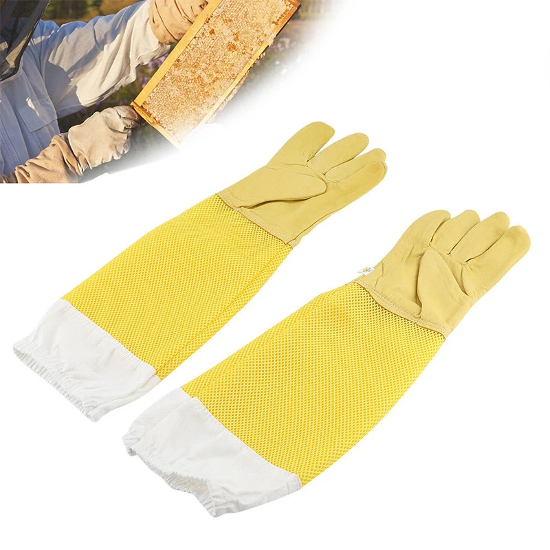 

Yellow Leather Beekeeping Gloves Equipment Vented Long Mesh Fabric Sleeves Set