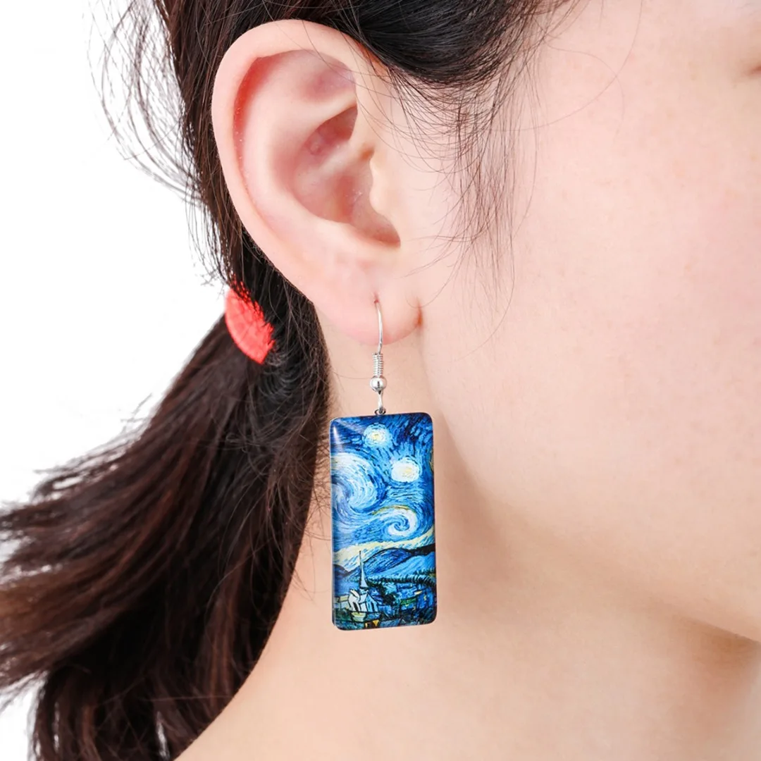 Art Resin Painting Personalized Earring For Women Tree Starry Sky Rectangular Geometric Earring Ocean Beach Style Party Jewelry