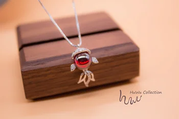 

Preciouse Women's Goldfish Necklace 925 Silver with Red Steel J.ade Pendant Textured High Class Accessoriesn HuWu Unique Design