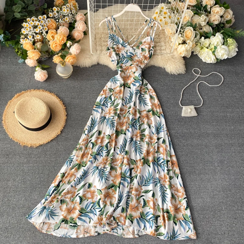Neploe Sexy Open Back Bohemian Holiday Long Dress High Waist Hip Cross Design Print A Line Vestido V Neck Sleeveless Camis Ropa