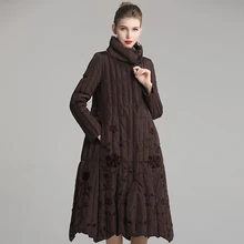 Зимнее женское пуховое пальто в китайском стиле с вышивкой, стоячий воротник, длинный рукав, теплый утолщенный пуховик на утином пуху размера плюс M-5XL