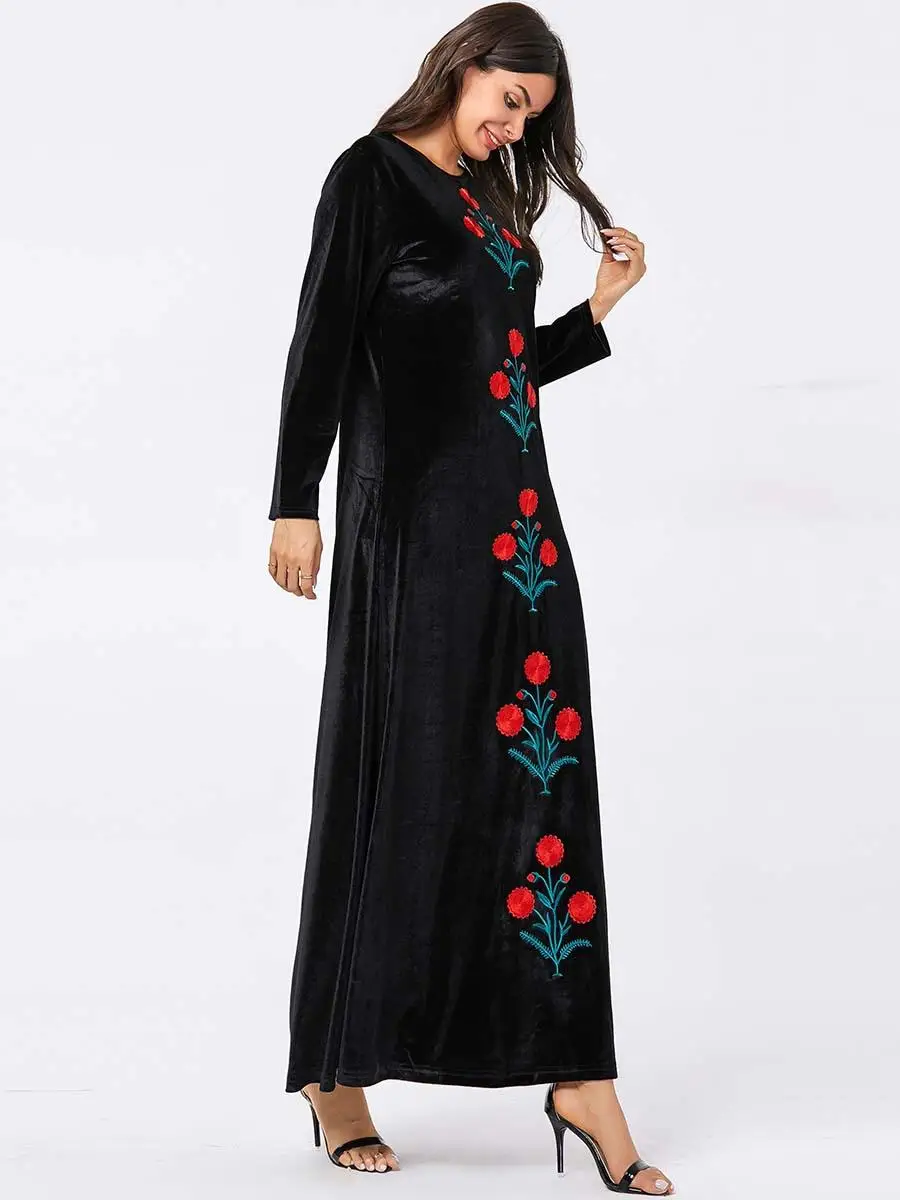 Abayas женское бархатное платье мусульманский Кафтан Дубай Халат длинный рукав вышивка свободный исламский джильбаб Vestidos Одежда Плюс Размер