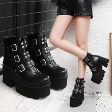 2019 Combat Boots for Women Platforms Block High Heel Punk Shoes Gothic Rivet Buckle Ankle Military Boots Big Size 34-45
