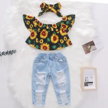 

Girls Baby suit Sun flower print coat personality Hole jeans scarf Three-piece suit Cotton lovely Pants suit