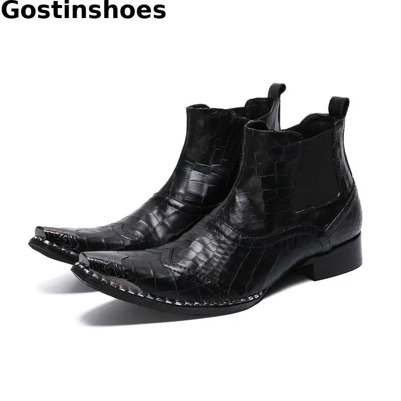 

Men Boots Black Crocodile Pattern Printed Genuine Leather Men Short Boots Wing Tip Metal Cap Toe Pointed Men Ankle Boots Slip On