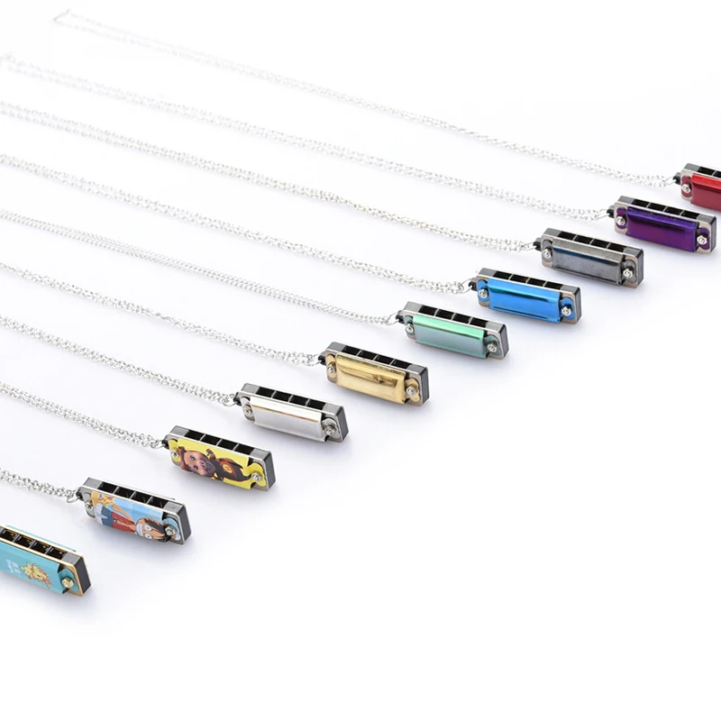 Mini 4 Hole 8 Tone Harmonica Portable instrument Decorative Metal Necklace Design Chain Toy Gift Color Random Simple piano