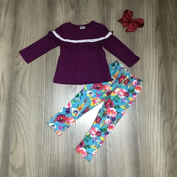 

children Girls fall clothing girls floral outfits solid purple raglans kids boutique set with bow