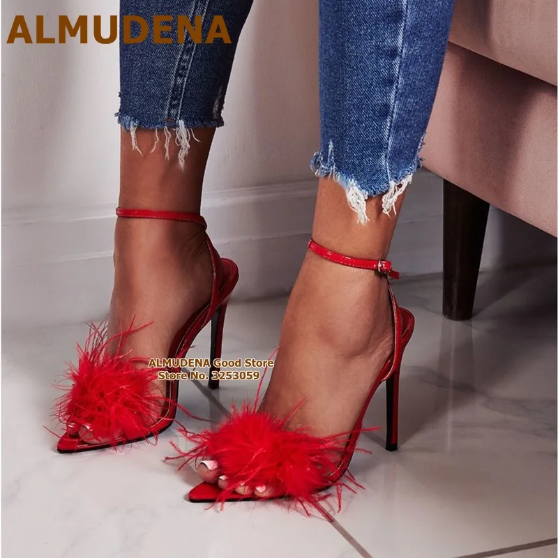 

ALMUDENA Red Black Cute Fluffy Fur Sandals Patent Leather Pointed Toe Buckle Strap Feather Wedding Shoes Women Dress Heels Pumps