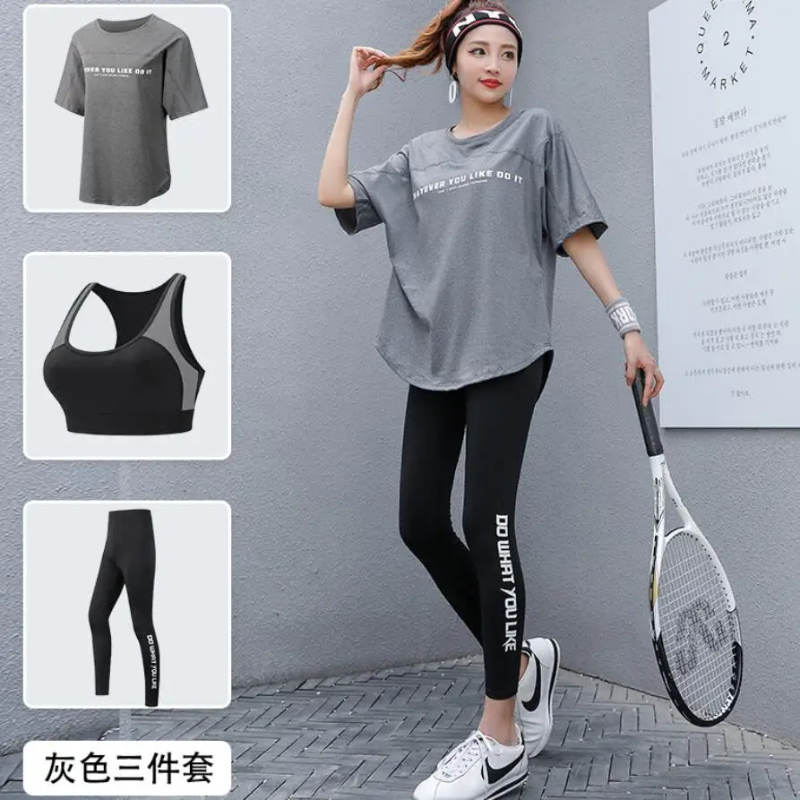 Plus Size Women Yoga Sets Loose T Shirt+Bra+Leggings Fitness Gym Suits Breathable Sports Running Clothing Tracksuit
