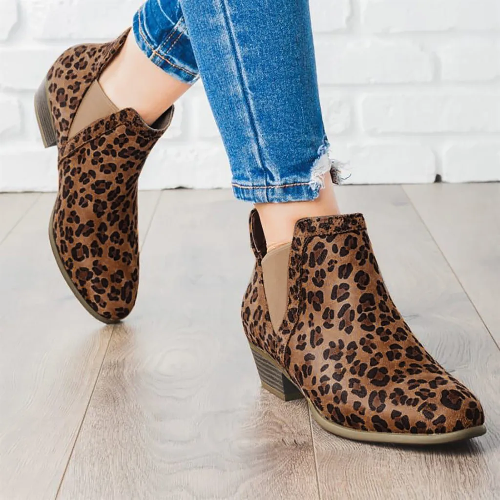 leopard print low heel boots
