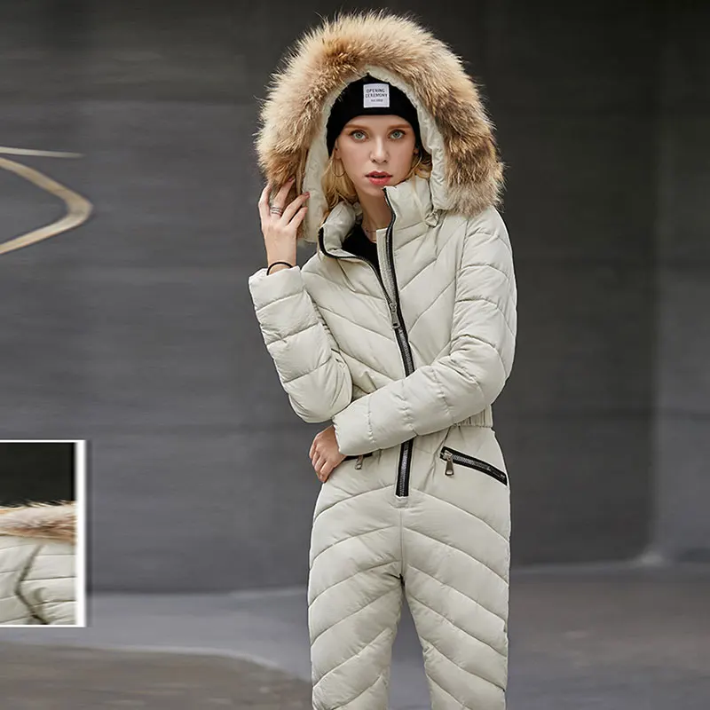Beige Спортивный костюм для катания на лыжах Женская куртка хлопковая Толстая теплая парка уличная зимняя тонкая с поясом зимние костюмы меховая верхняя одежда с капюшоном - Color: Beige