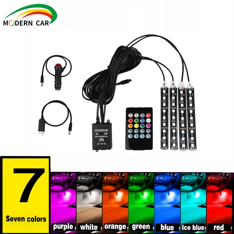 

4pcs Car RGB Car Styling LED Strip Light LED Strip Lights Colors 12V Decorative Atmosphere Lamps Car Interior Light With Remote